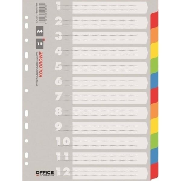 Separatoare A4 din carton, 12+1 tăvi colorate, hârtie lucioasă 170g.