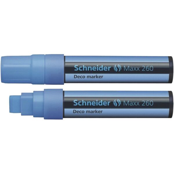 Marker Schneider Deco Maxx 260 albastru cu cretă lichidă și scriere de 5-15 mm.