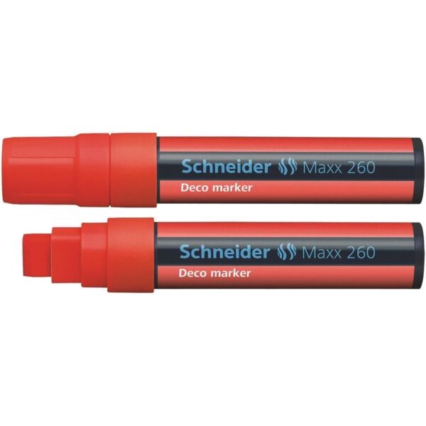 Marker Schneider Deco Maxx 260 roșu cu cretă lichidă și scriere de 5-15 mm.
