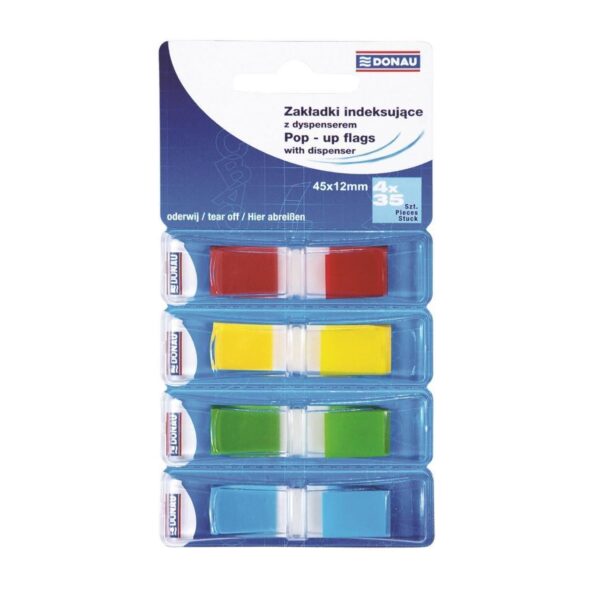 Index adeziv din plastic cu dispenser DONAU, 45 x 12 mm, set 4 x 35 file colorate