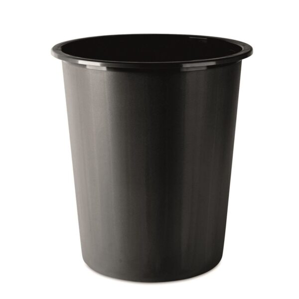 Coș din plastic negru, ideal pentru birou și depozitarea hârtiei.