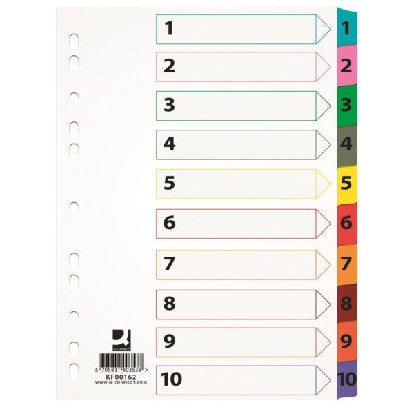 Separatoare A4 cu index 1–10, taste color plastifiate, pentru organizare practică.