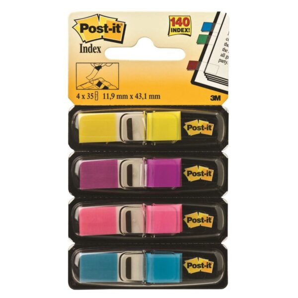 Index adeziv Post-it, 12 x 43 mm, culori neon, set 4 x 35 file, în dispenser.